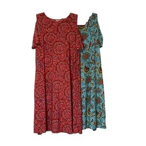 MOUNTAIN MAMAS 2 Dress Bundle (1 Aqua-Floral and 1 Red-Feather Print) - Size S/M
